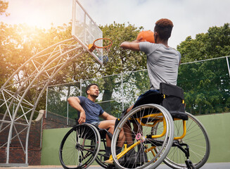 Poster - Wheelchair basketball player, shot and sports people play match competition, challenge or practice game skills, target or goal. Outdoor court, shooting workout and athlete with disability, training