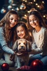 Wall Mural - family with children and dog Celebrating Christmas at home