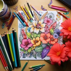 A coloring book and pencils on a table. AI generated.