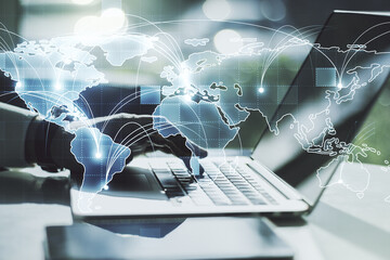 Abstract graphic digital world map with connections and hands typing on computer keyboard on background, globalization concept. Multiexposure
