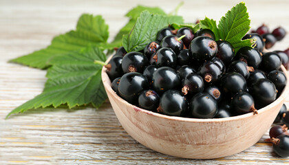 Poster - Ripe blackcurrants and leaves on light wooden table, closeup