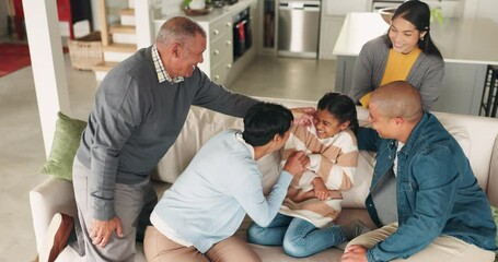 Canvas Print - Family, bonding and home on living room sofa with mother, grandparents and child above. Fun, support and care in house with parents and children with tickle and laugh on a lounge couch with smile