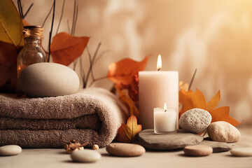 Autumn spa scene with candles, stones and towel, in earthy tones. 