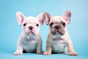 Wall Mural - Pair of French Bulldog dog puppies on pastel blue background