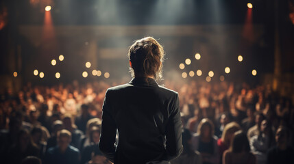 Back view of motivational male or female speaker standing on stage in front of audience for motivation speech on conference or business event.