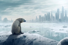White Polar Bear Sitting On Melting Ice Floe Glacier At Arctic Sea That Facing To Global Warming Situation, Save The World Form Pollution Concept, Climate Change, With Generative Ai.