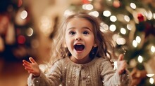 Excited Little Girl Waiting Near The Christmas Tree, Happily