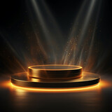 Fototapeta  - Gold podium on dark background with smoke. Empty pedestal for award ceremony. Platform illuminated by spotlights. Made with generative ai