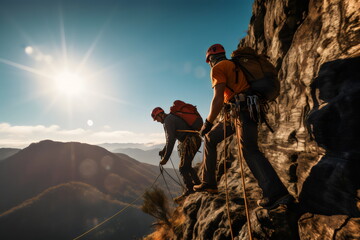 people climbing mountaineering with sun flare on mountains with wide lens