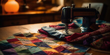Creative Workspace With A Vibrant Modern Quilt In Progress, Fabric Scraps Scattered Around, Detail Of Sewing Machine, Warm, Inviting, Soft Lighting