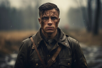 Wall Mural - Cinematic portrait, World War II soldier, grim determination, vintage uniform, grungy battlefield background