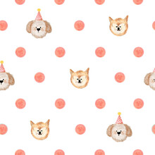 Watercolor Seamless Pattern Red Polka Dots And Birthday Dogs. Isolated On White Background. Hand Drawn Clipart. Perfect For Card, Fabric, Tags, Invitation, Printing, Wrapping.