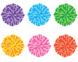cheerleading, set of six pom-poms, purple, blue, green, yellow, orange, pink, red, isolated on white background