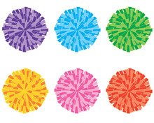 Cheerleading, Set Of Six Pom-poms, Purple, Blue, Green, Yellow, Orange, Pink, Red, Isolated On White Background