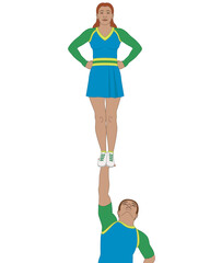 Wall Mural - cheerleading, male cheerleader holding up female cheerleader high in air isolated on white background