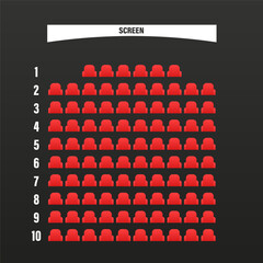 Cinema seats booking online ui design scheme or film movie theatre places reservation template layout vector flat cartoon illustration, theater places map choose ui top view. Vector illustration