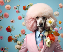 Creative Animal Concept. Poodle Dog Puppy In Smart Suit, Surrounded In A Surreal Garden Full Of Blossom Flowers Floral Landscape. Advertisement Commercial Editorial Banner Card. Copy Space