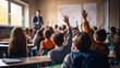 © IBEX.Media - Young students raising hands in classroom with teacher in front of class, Generative AI illustration