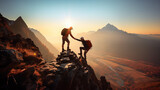 Fototapeta Zachód słońca - Teamwork concept with man helping friend reach the mountain top,  Generative Ai illustration
