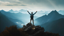 Positive Man Celebrating On Mountain Top, With Arms Raised Up,  Generative AI Illustration