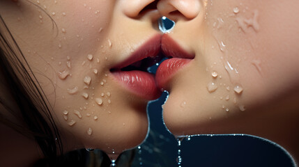 passionate wet lesbian kiss close-up, generative ai illustration