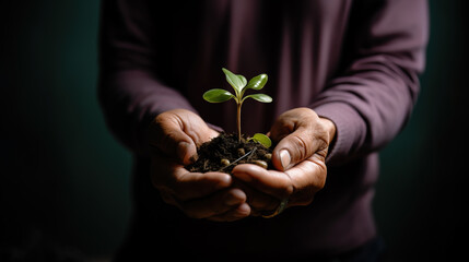 Nature and environment protection concept with Fragile seedling growing from hip of ground in mans hands,  Generative AI illustration