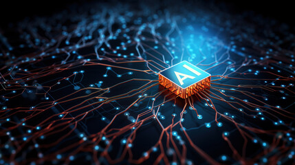  Neuronal network AI chip on electronic circuit board,  Generative AI illustration