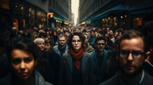 Large Group Of People Standing In The Street With Focus On  Woman Looking At Camera,  Generative AI Illustration