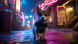 Movie still: In the gritty streets of Neon Victorian, a curious puppy trots along, avoiding the rain-slicked cobblestones. Dilapidated brick buildings adorned with neon signs line the thoroughfares.