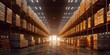 © DELstudio - Generative AI, Warehouse interior with LED lighting, industry building, distribution retail center, part of storage and shipping system..