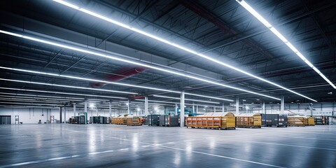 Wall Mural - Generative AI, Warehouse interior with LED lighting, industry building, distribution retail center, part of storage and shipping system..