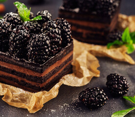 Wall Mural - Chocolate cake with fresh berries closeup