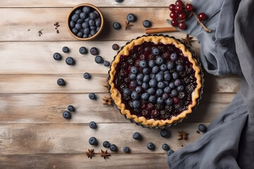 Wall Mural - Fresh homemade blueberry pie. Picture for the menu of a cafe or restaurant. Generative AI.