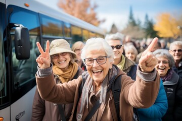 group of all parent tour participants with an interesting tour bus background, moments of togetherne