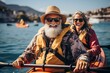 © Denisa - Happily retired couple enjoying travel moment paddling on kayak