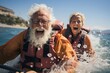 © Denisa - Happily retired couple enjoying travel moment paddling on kayak