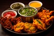 Delicious Indian Pakoras: The Perfect Snack or Starter with a Closeup of Onions, Vegetables, and Peppers, and a Touch of Turmeric Spice. Generative AI