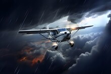 General Aviation Cessna Propeller Plane Flying Through Thunderstorm, Heavy Rain, Lightning Strike, Storm, Generative Ai