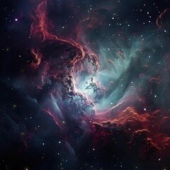 A swirling cosmic nebula with rotating stars and sun