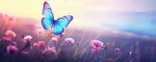 Mystical Beautiful Butterfly In A Magical Flower Field. Butterfly Fly Over Flowers Meadow.