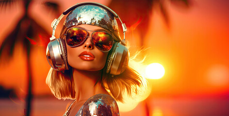 cute disco girl wearing huge headphones and sunglasses. summer sunset beach party banner