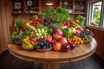 Poster - a stunning arrangement of fresh fruits and vegetables on a round wooden table