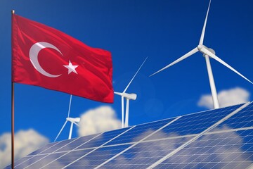 Wall Mural - Turkey renewable energy, wind and solar energy concept with windmills and solar panels - renewable energy - industrial illustration, 3D illustration