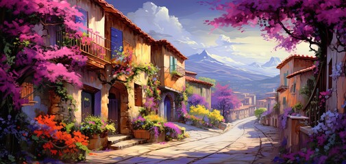 Wall Mural - painting style illustration of beautiful house on hill with nature landscape, Generative Ai