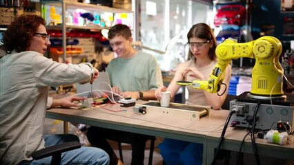 Young happy engineers programming an yellow robotic arm in the workshop to grab cardboard water glass, computer programming training for coffee preparation, celebrating success
