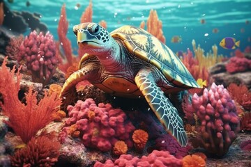 Wall Mural - Beautiful turtle under sea water. AI generated, human enhanced.