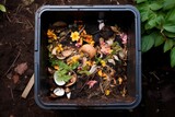Fototapeta Dmuchawce - top view of worm bin with composting materials