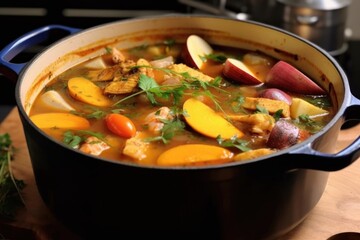 Poster - close-up of simmering bouillabaisse in cast iron pot