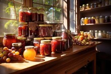 Fruit Preserves And Jams In A Pantry, Lit By Warm Sunlight