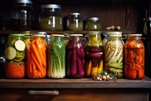 Various Pickled Vegetables In Jars With Spices